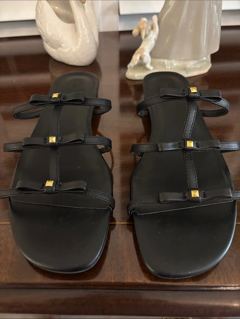 Rebecca Minkoff Black Strappy Slide Sandals with Gold Studs🤩